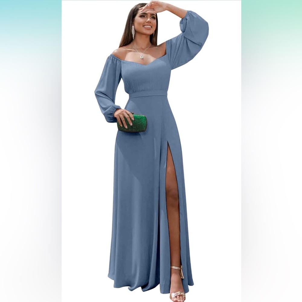 DUSTY BLUE Women's Long Sleeve A line Chiffon Formal Dress Plus Size
